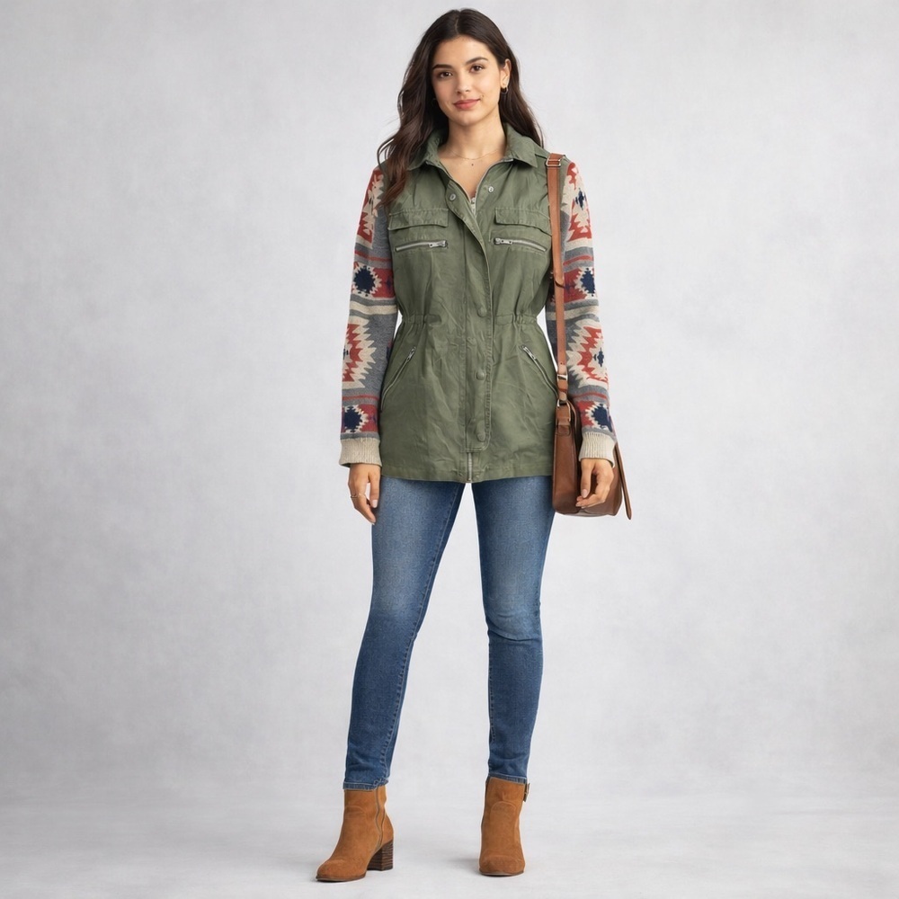 Thread & Supply Olive Zip Up Utility Jacket Aztec Patterned Knit Sleeves Size Sm